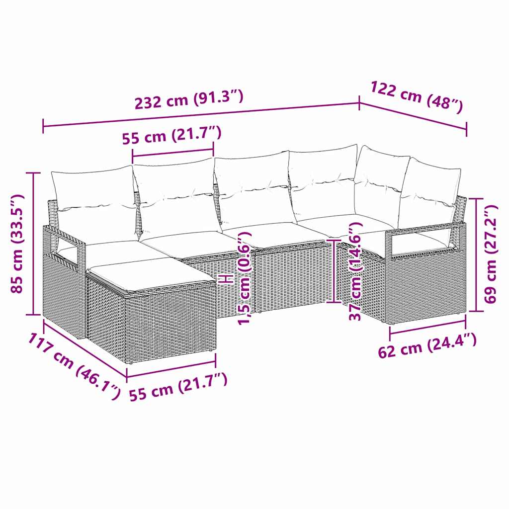 Kanapé Szett 6 db Fekete polirattan