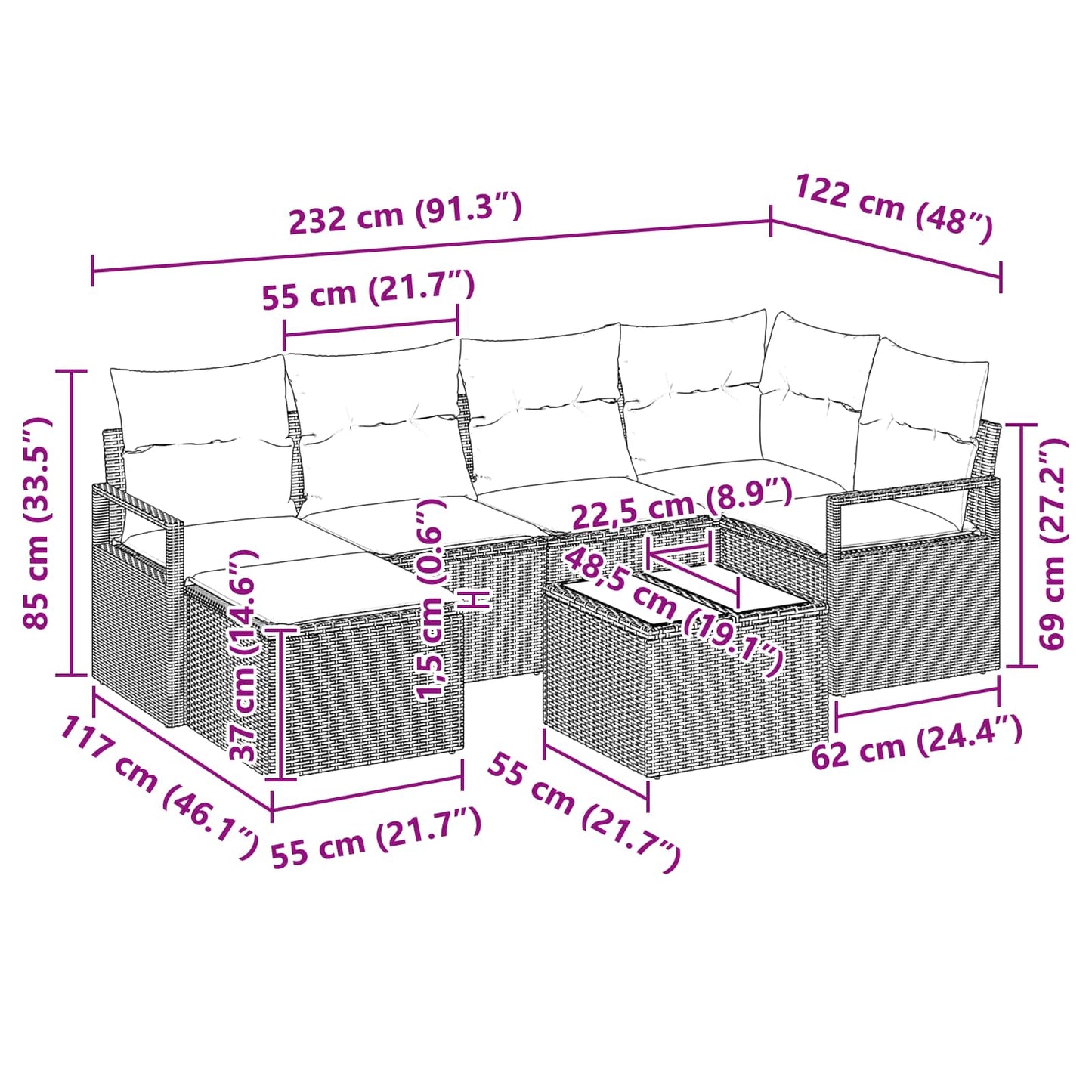 Kanapé Szett 7 pcs Barna polirattan