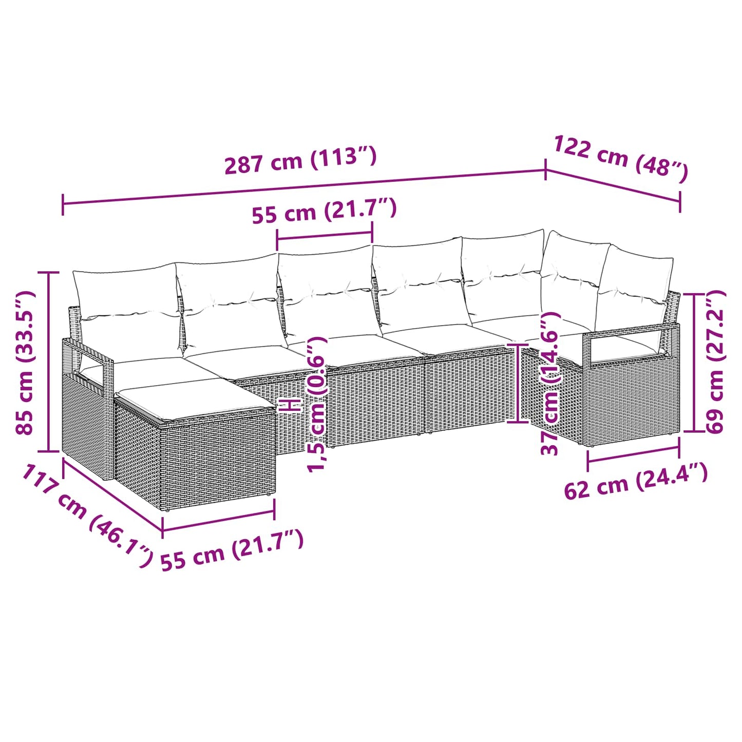 Kanapé Szett 7 pcs Szürke polirattan