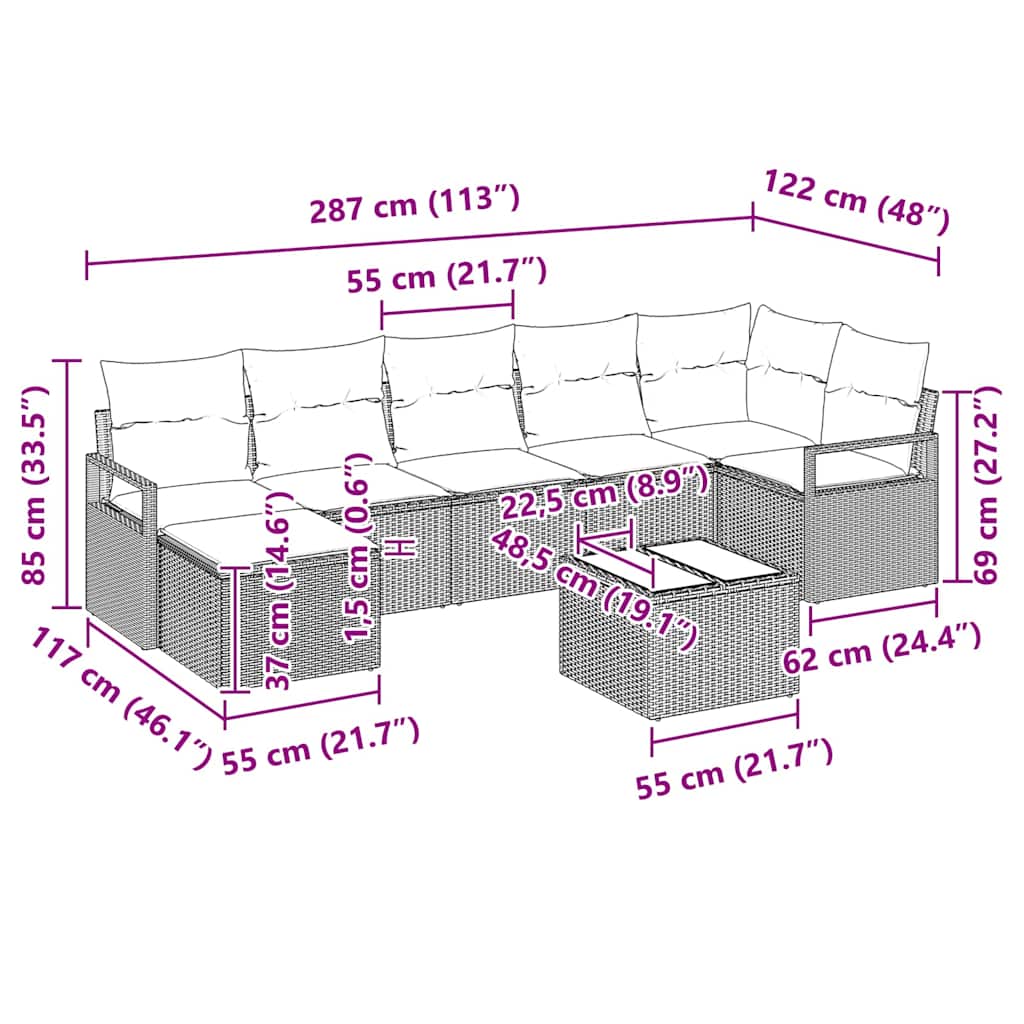 Kanapé Szett párnával 8 pcs Fekete polirattan