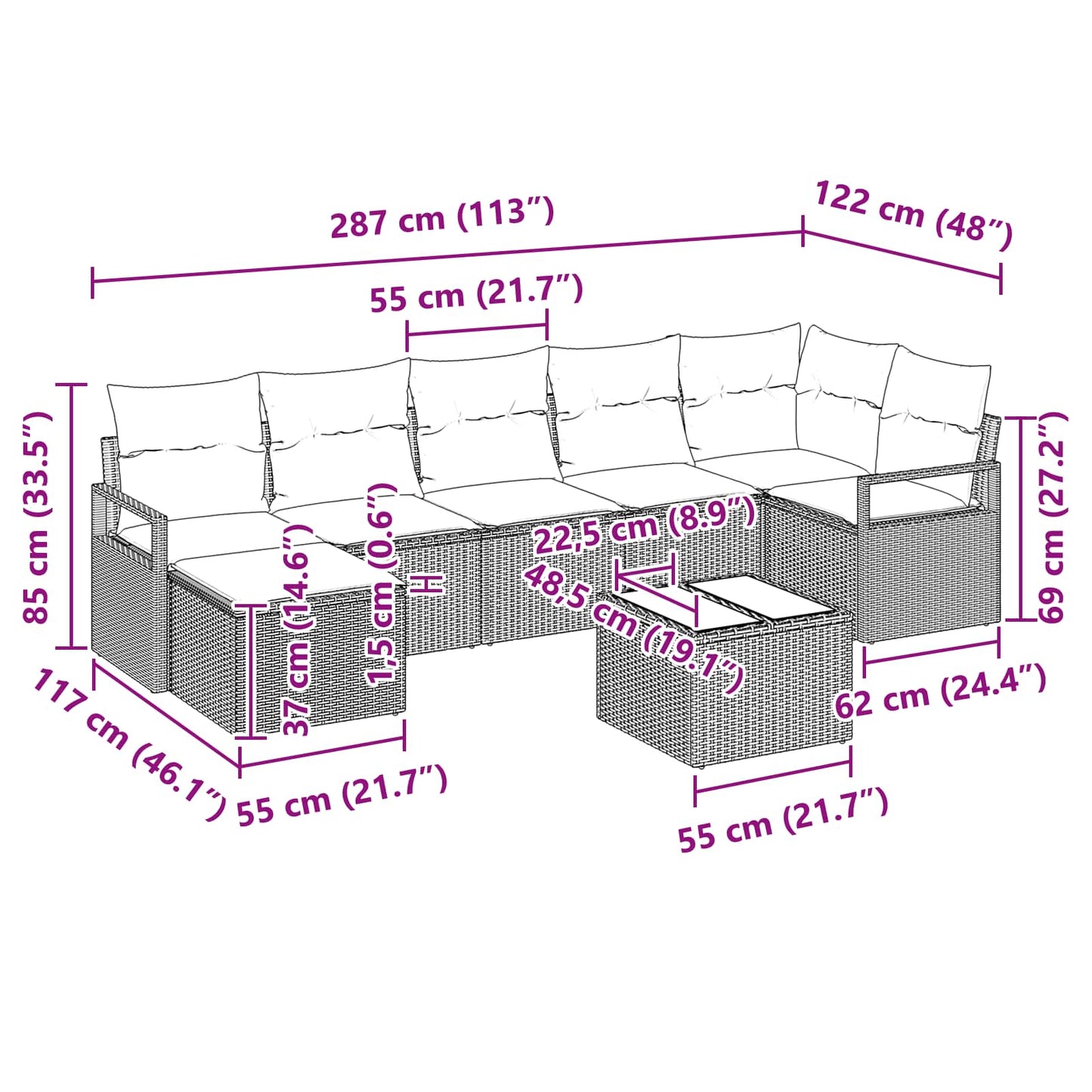 Kanapé Szett párnával 8 pcs Fekete polirattan