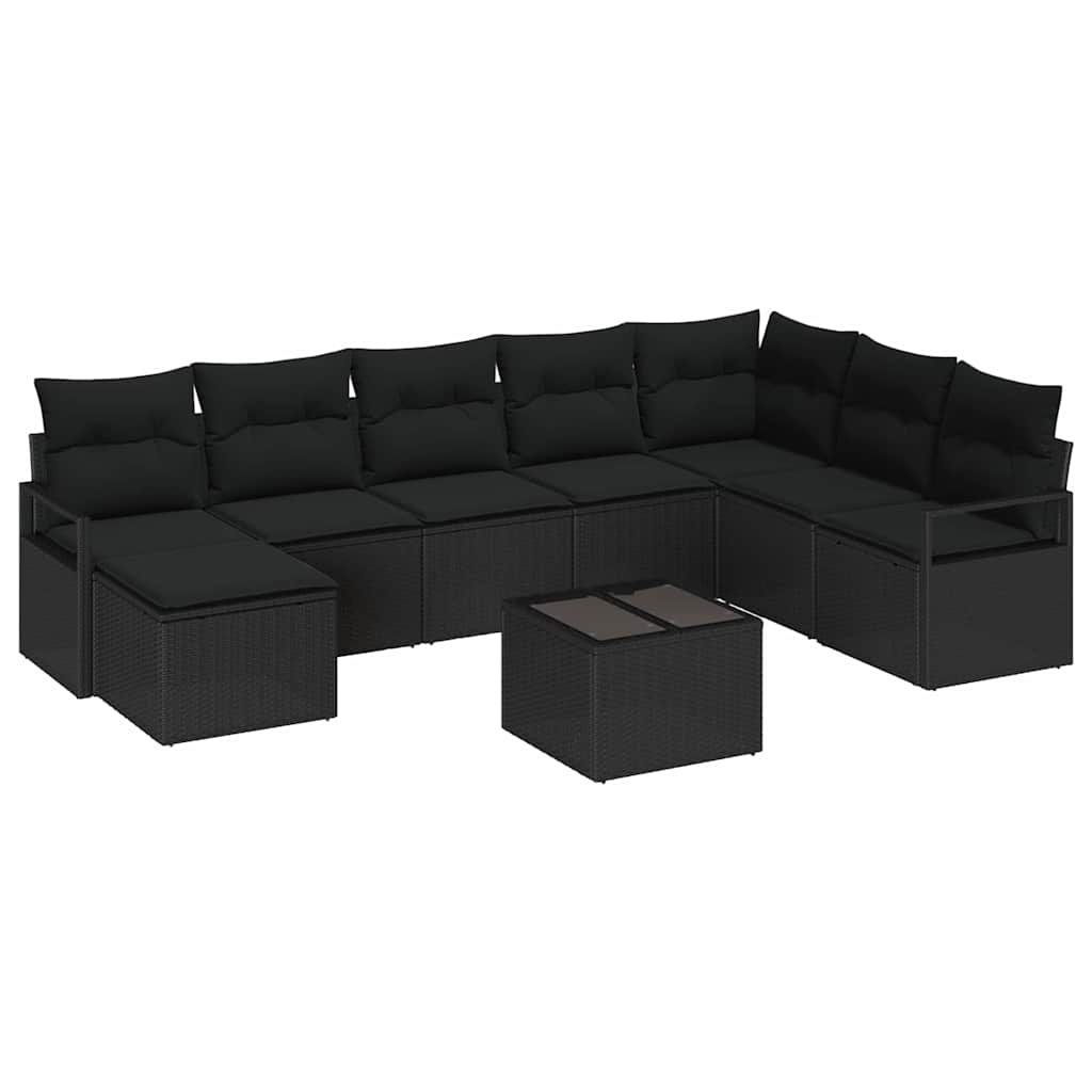 Kanapé Szett párnával 9 pcs Fekete polirattan