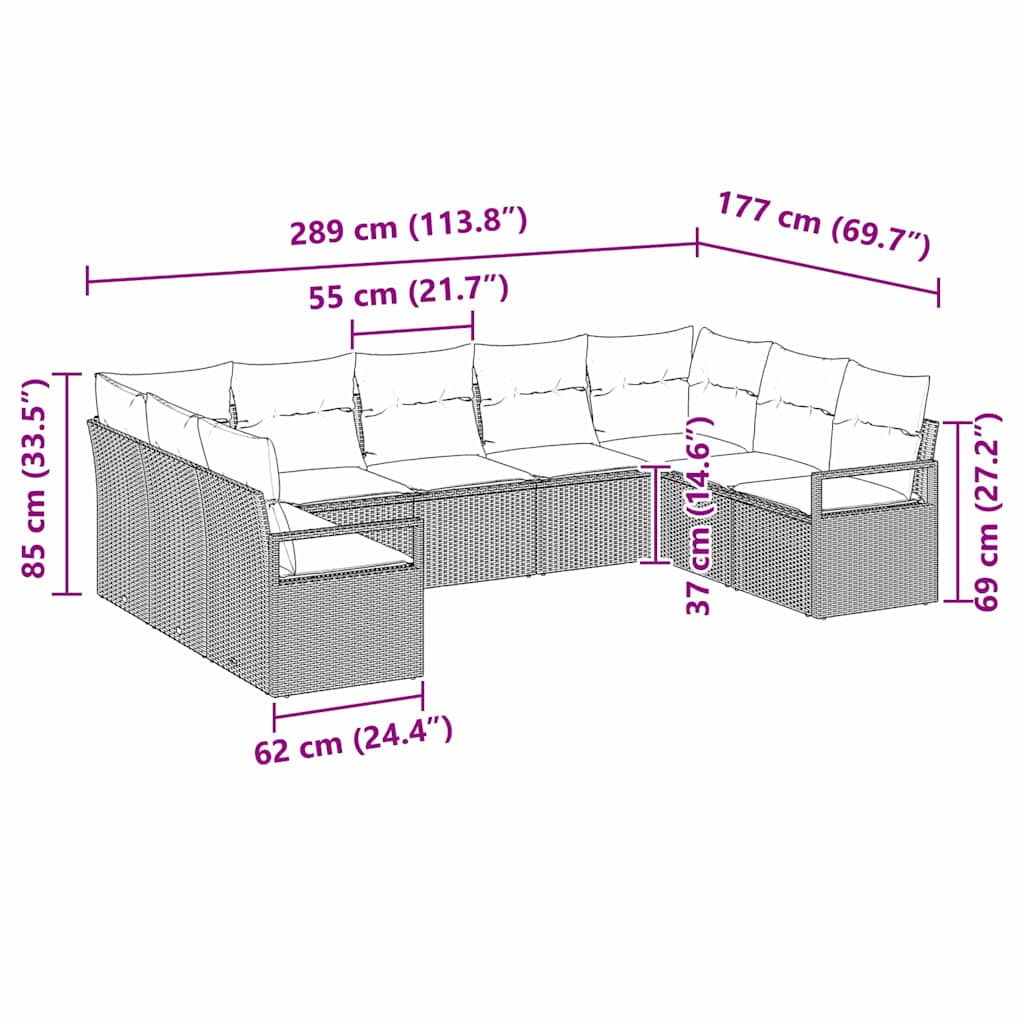 Kanapé Szett párnával 9 pcs Fekete polirattan
