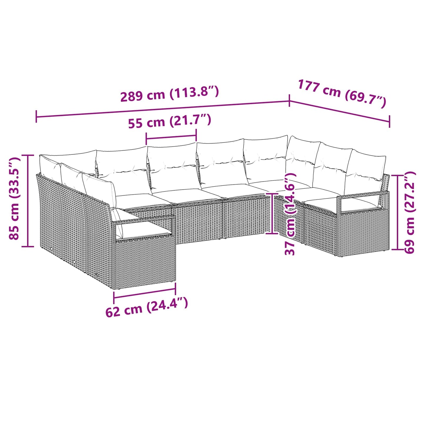 Kanapé Szett párnával 9 pcs Szürke polirattan
