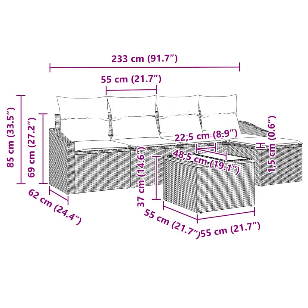 Kanapé Szett párnával 6 pcs Bézs polirattan