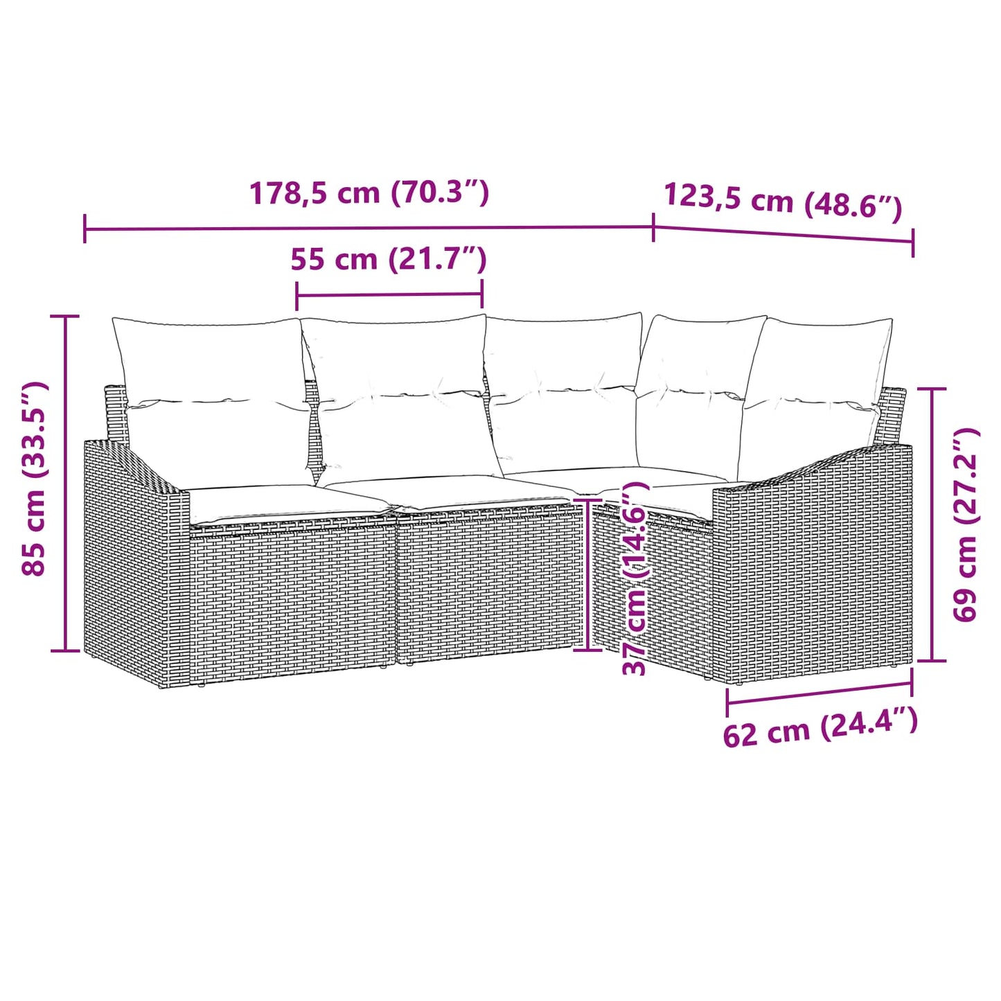 Kanapé Szett párnával 4 pcs Fekete polirattan