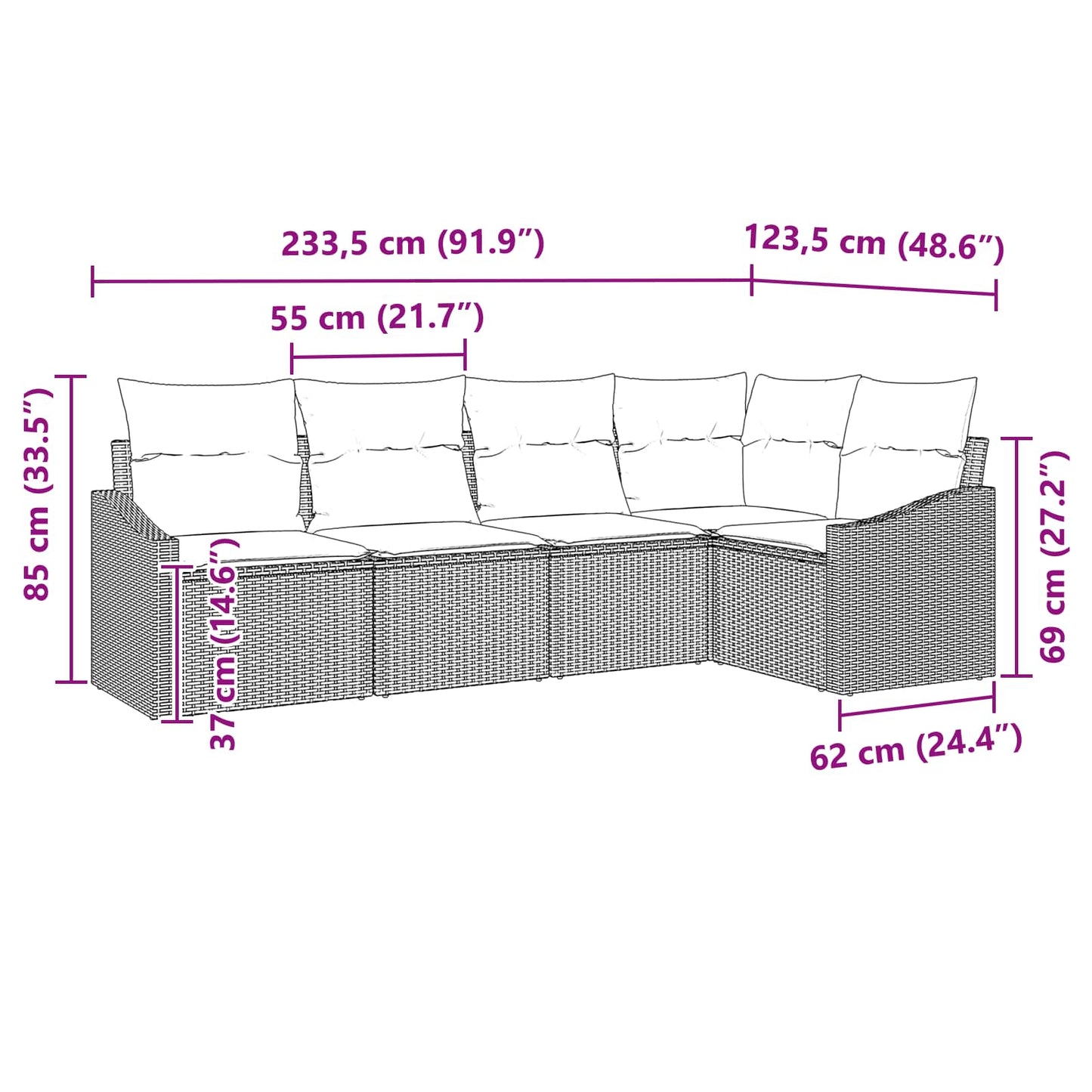 Kanapé Szett párnával 5 pcs Fekete polirattan
