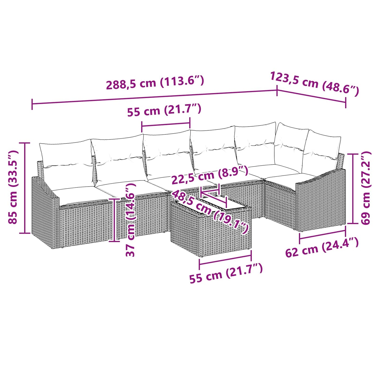 Kanapé Szett párnával 7 pcs Fekete polirattan