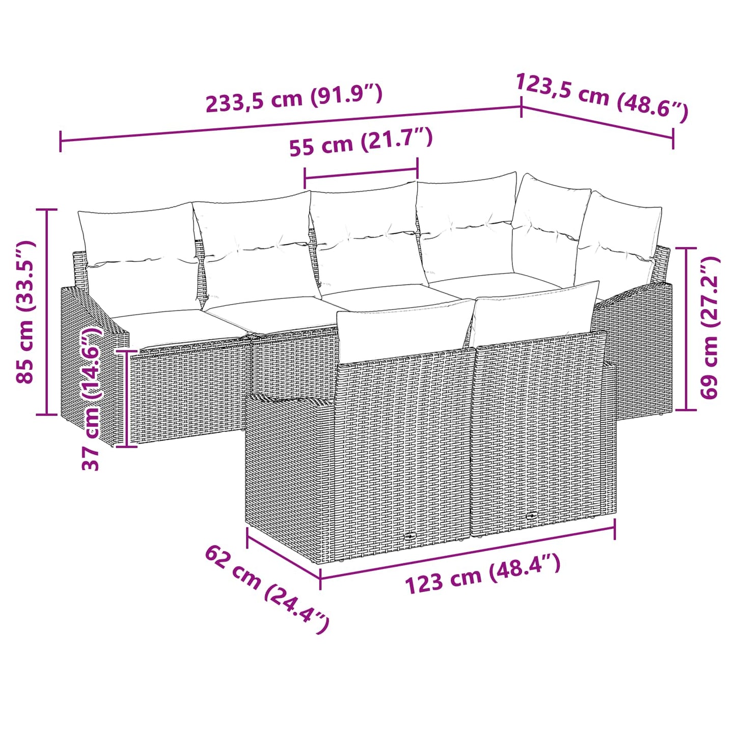 Kanapé Szett párnával 7 pcs Fekete polirattan