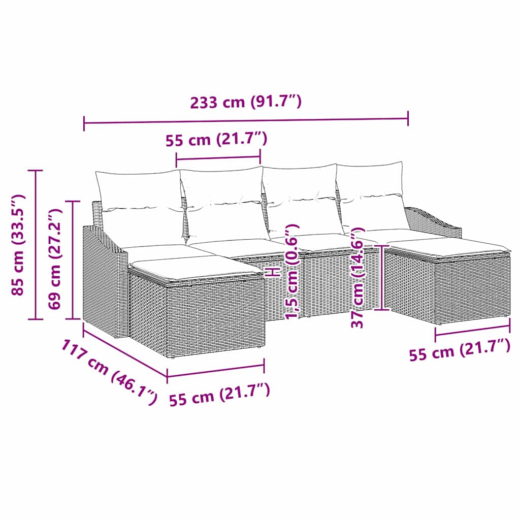 Kanapé Szett párnával 6 pcs Barna polirattan