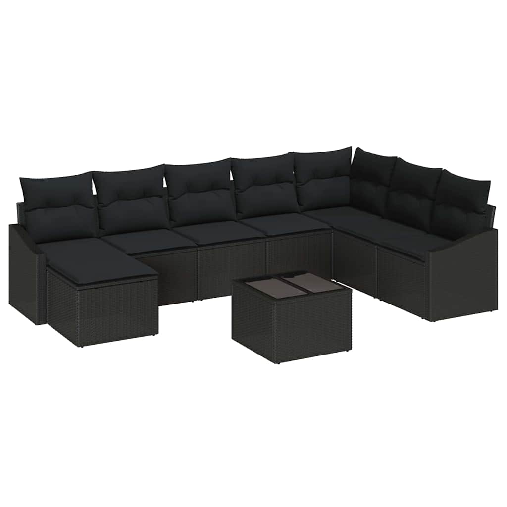 Kanapé Szett párnával 9 pcs Fekete polirattan