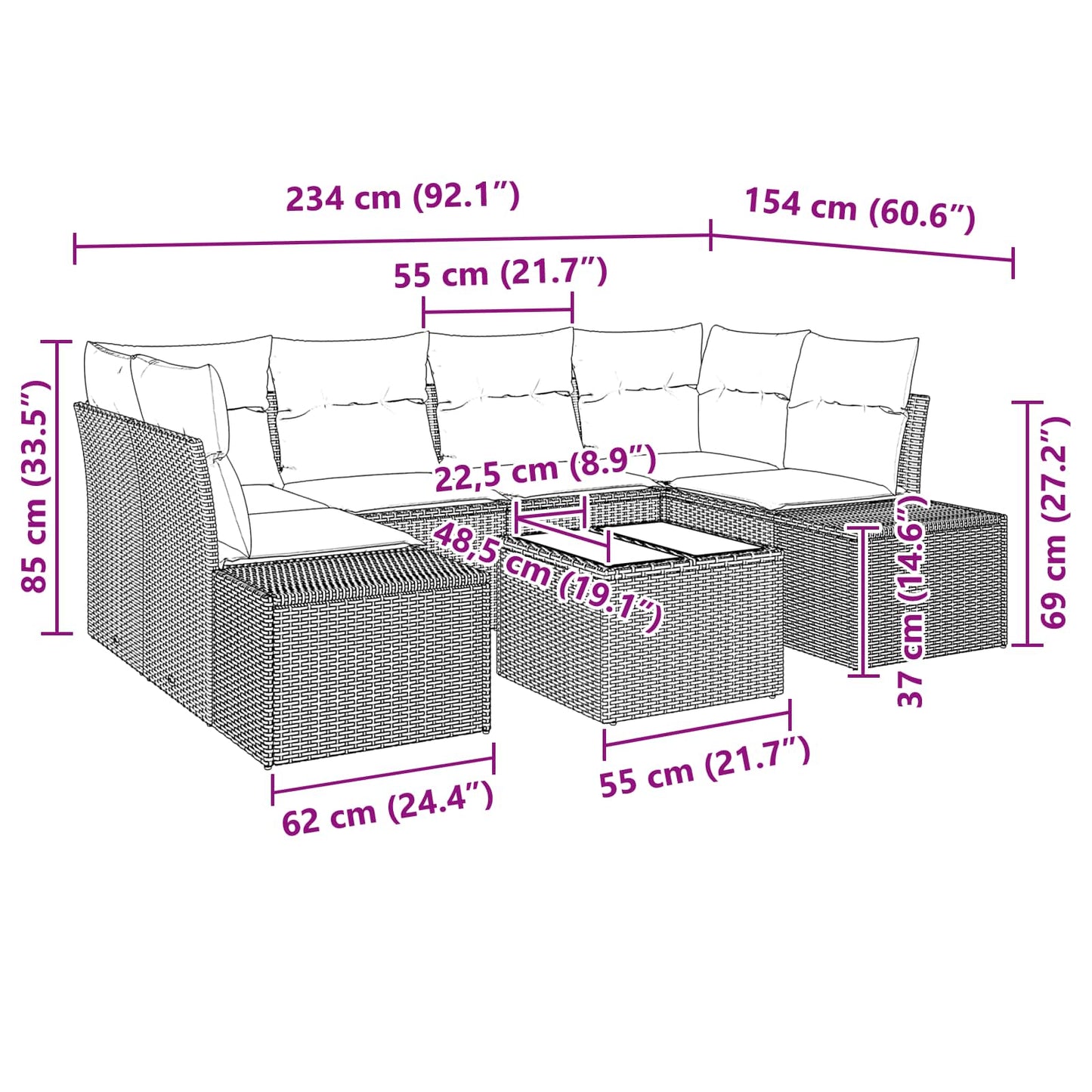 Kerti Kanapé Szett párnával 7 pcs Barna polirattan