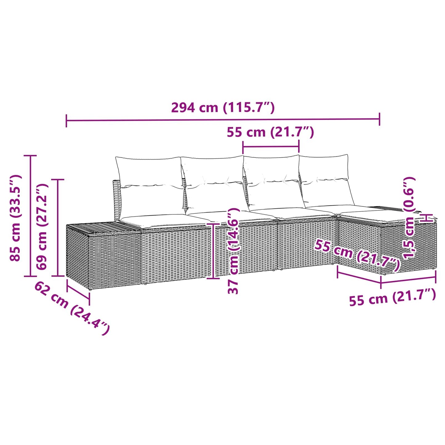 Kerti Kanapé Szett párnával 5 pcs Barna polirattan
