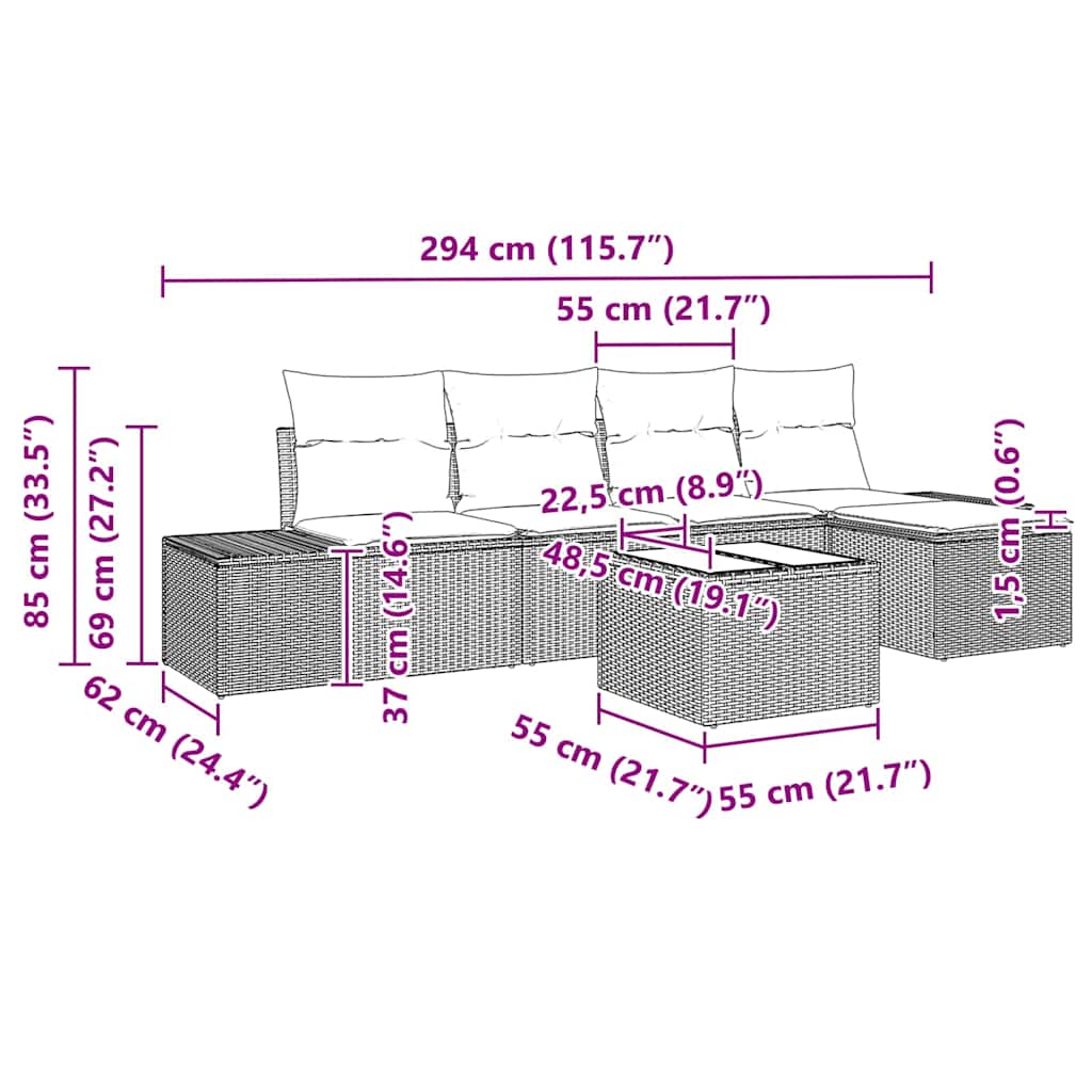 Kerti Kanapé Szett párnával 6 pcs Barna polirattan