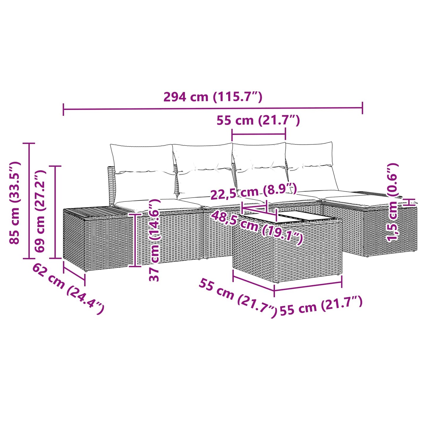 Kerti Kanapé Szett párnával 6 pcs Barna polirattan