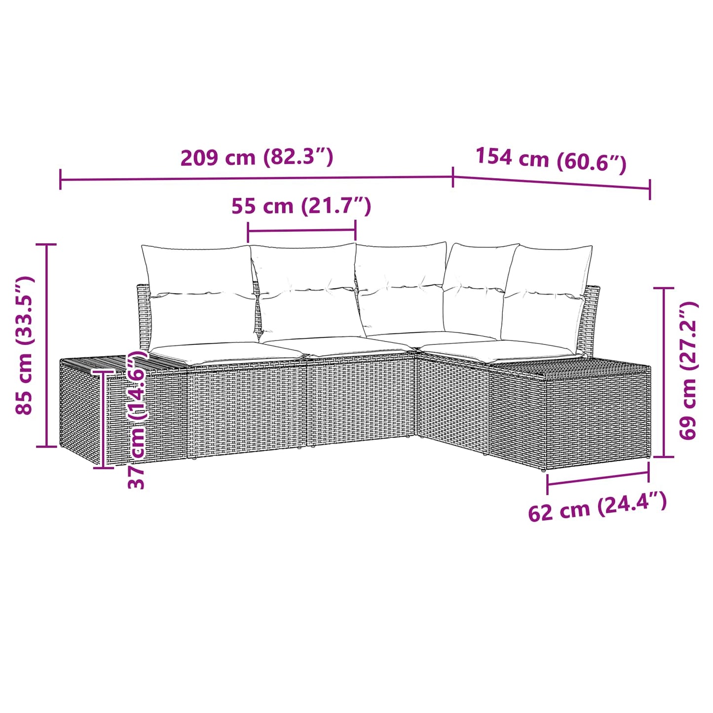 Kerti Kanapé Szett párnával 4 pcs Barna polirattan