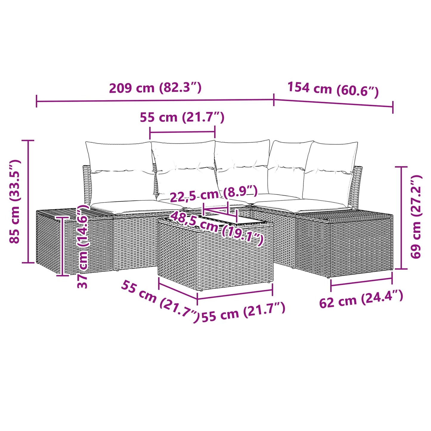 Kerti Kanapé Szett párnával 5 pcs Barna polirattan