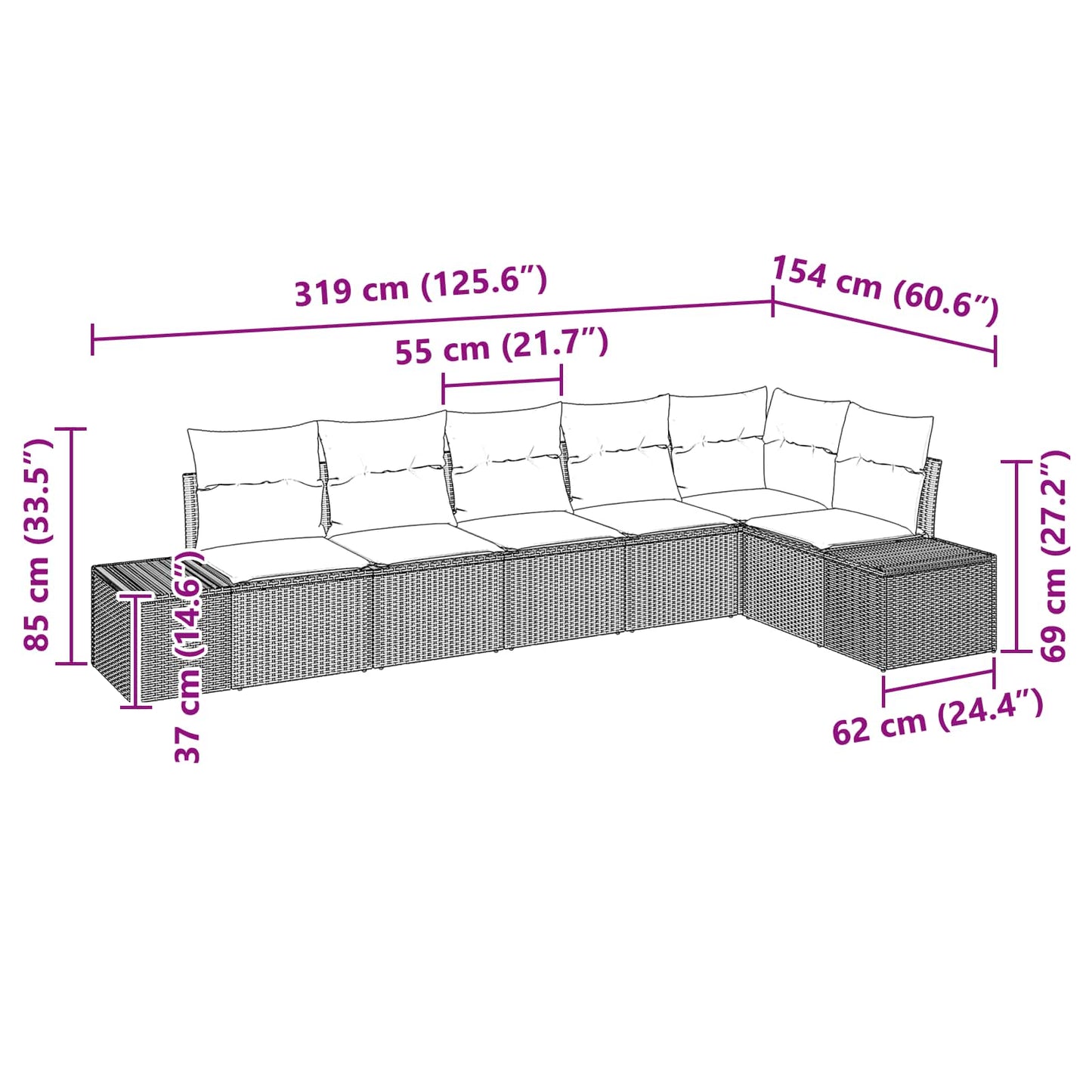 Kerti Kanapé Szett párnával 6 pcs Barna polirattan