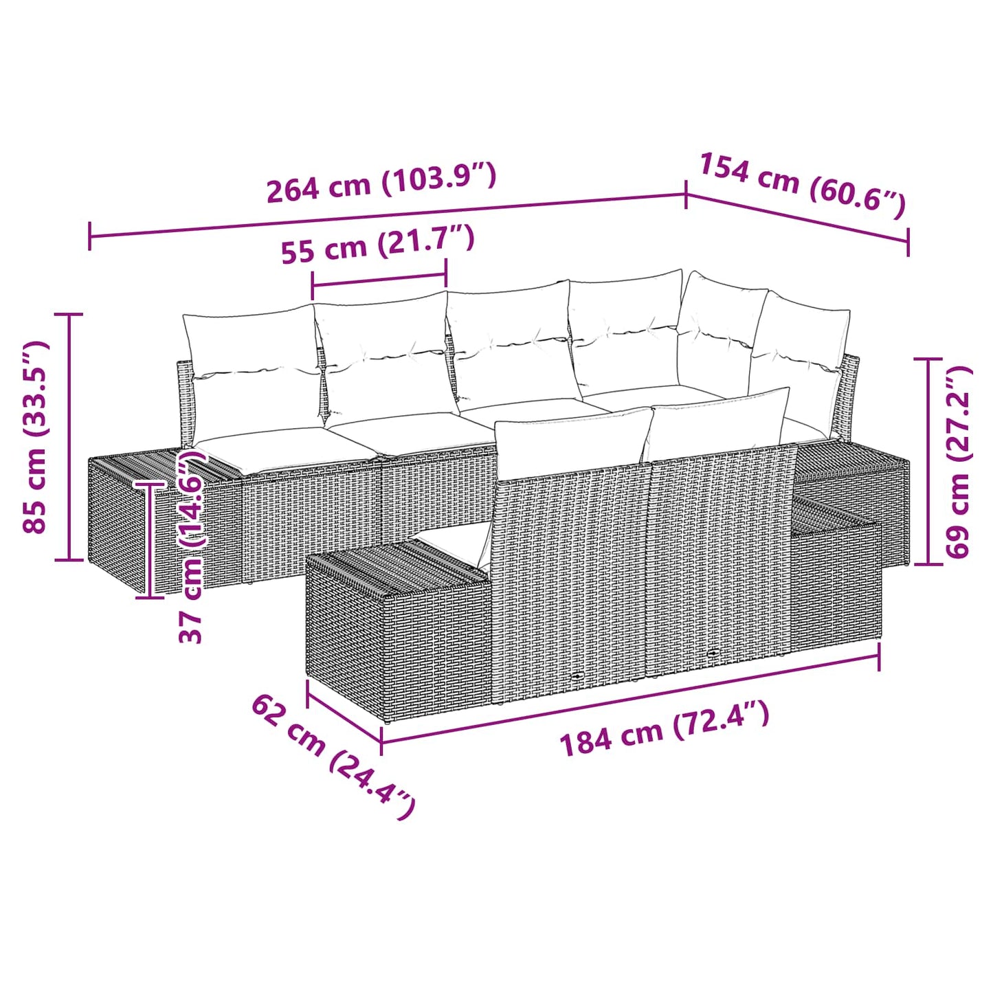 Kerti Kanapé Szett párnával 7 pcs Barna polirattan