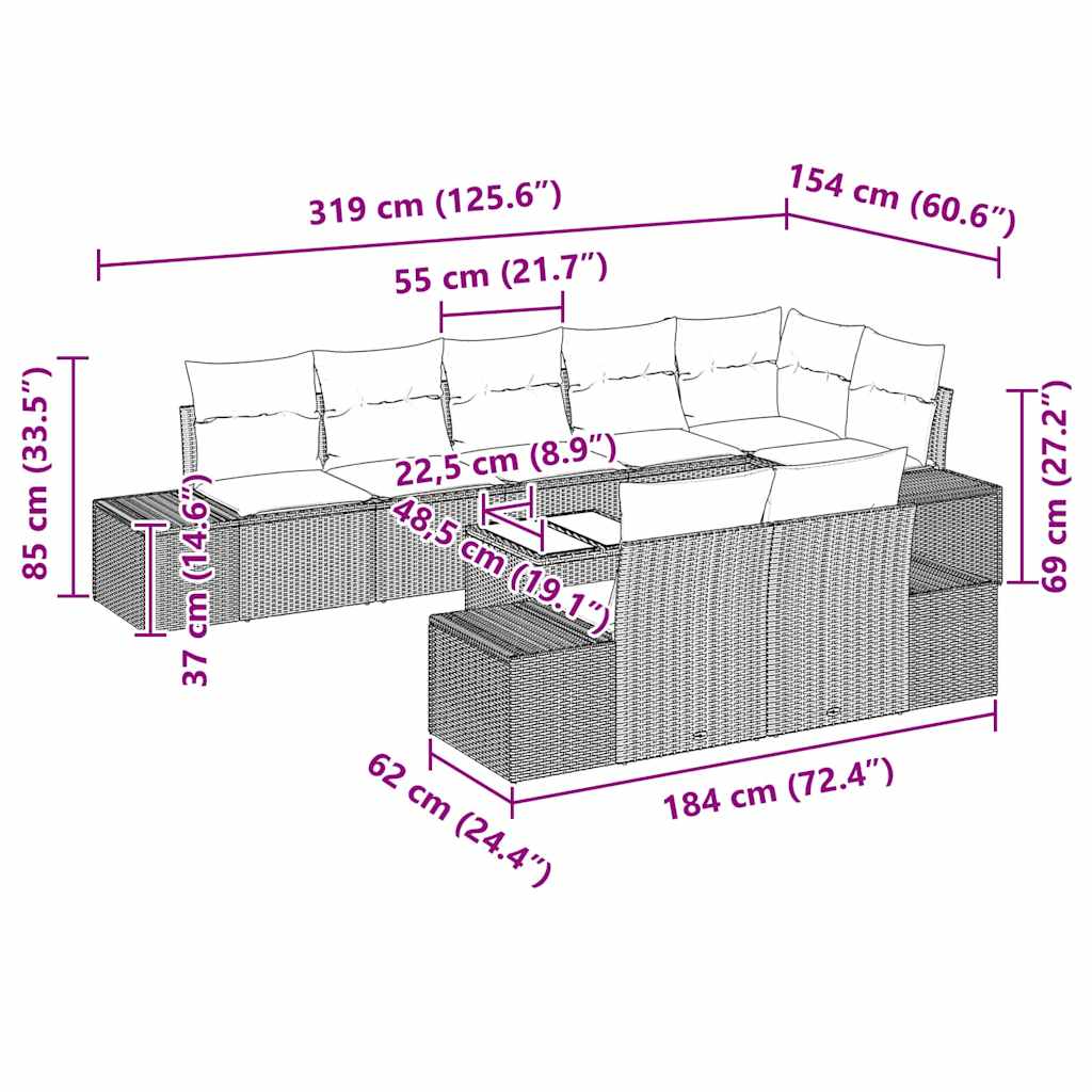 Kerti Kanapé Szett párnával 9 pcs Szürke polirattan