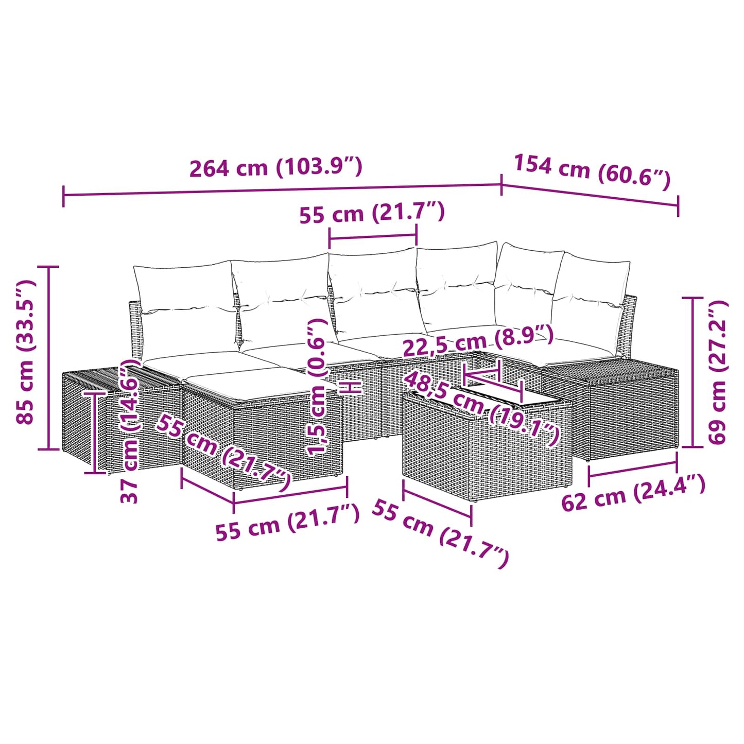 Kerti Kanapé Szett párnával 7 pcs Barna polirattan
