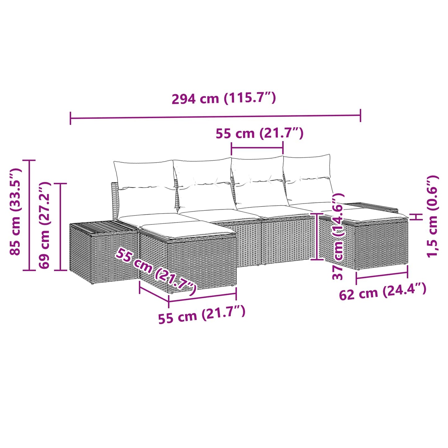Kerti Kanapé Szett párnával 6 pcs Barna polirattan