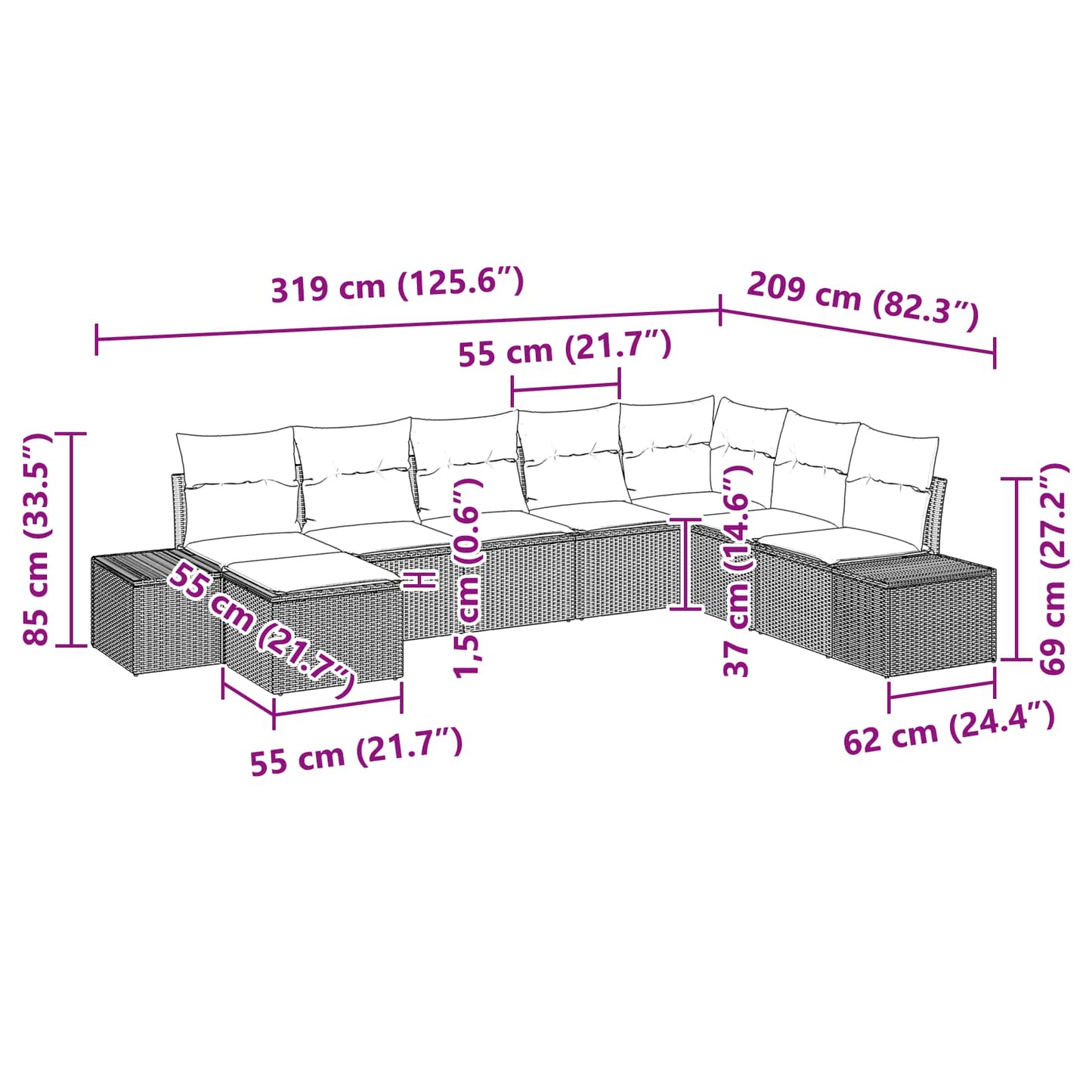 Kerti Kanapé Szett párnával 8 pcs Barna polirattan