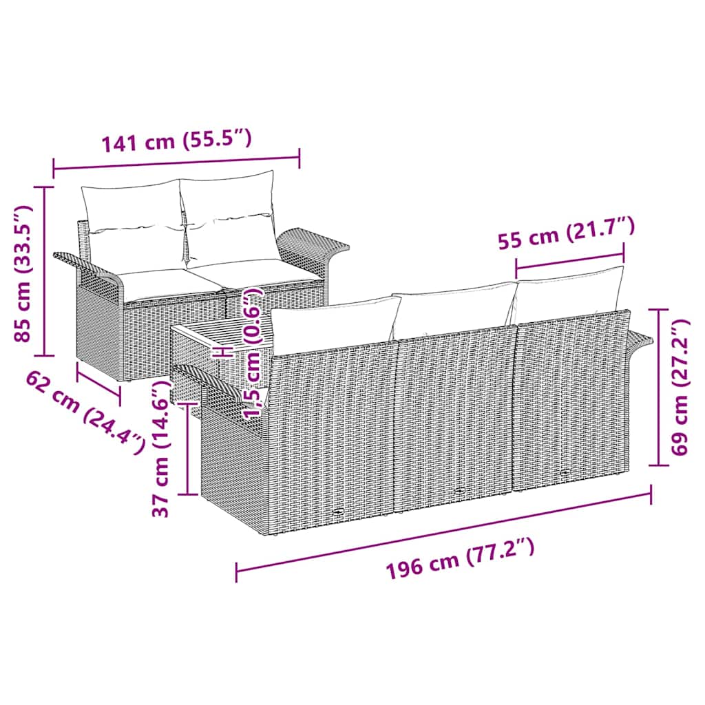 Kerti Kanapé Szett párnával 6 pcs Szürke polirattan