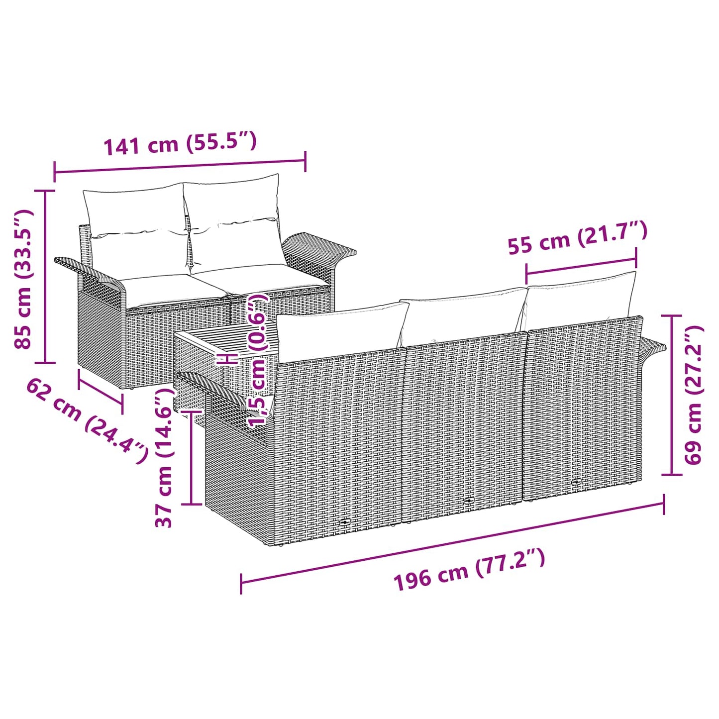 Kerti Kanapé Szett párnával 6 pcs Szürke polirattan