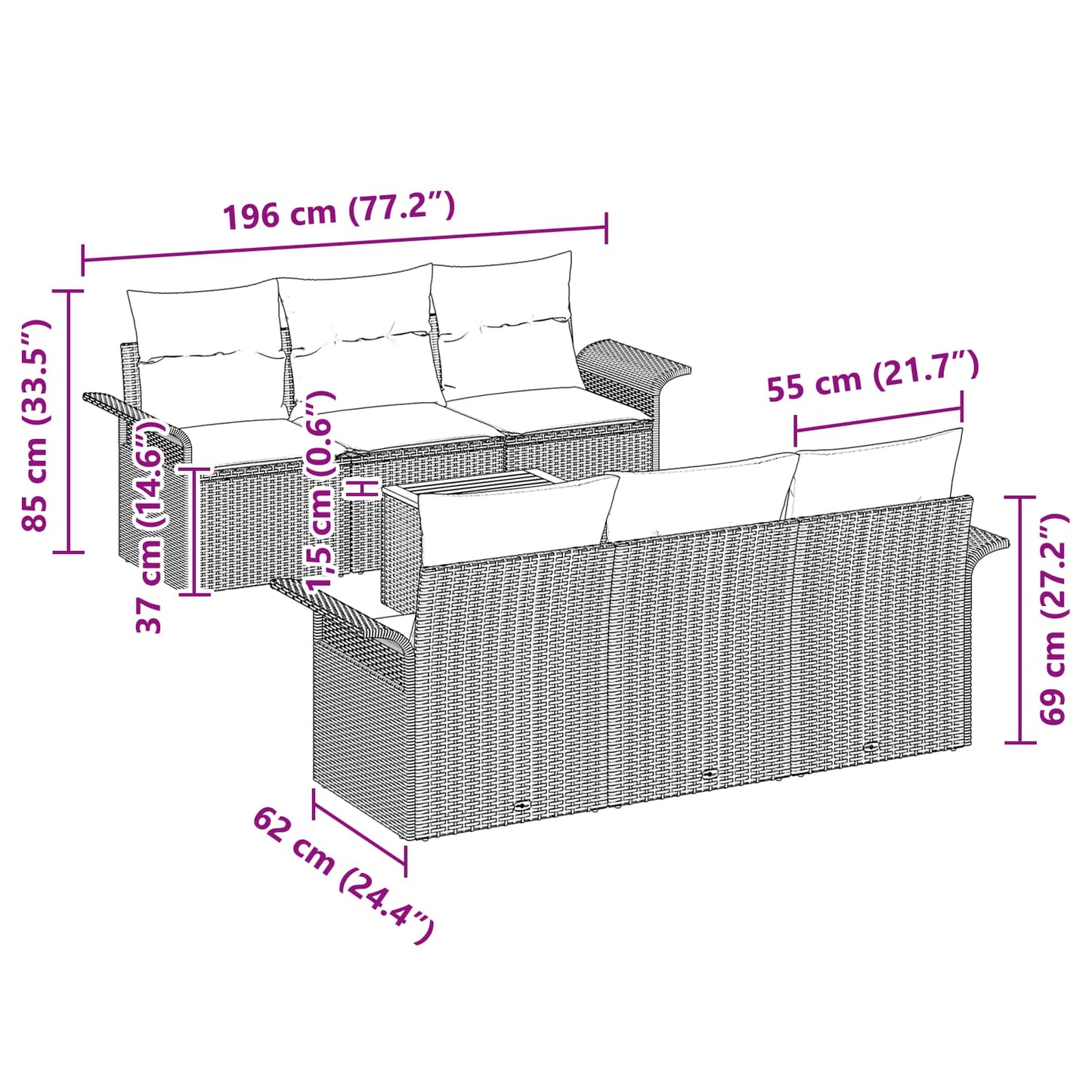 Kerti Kanapé Szett párnával 7 pcs Szürke polirattan