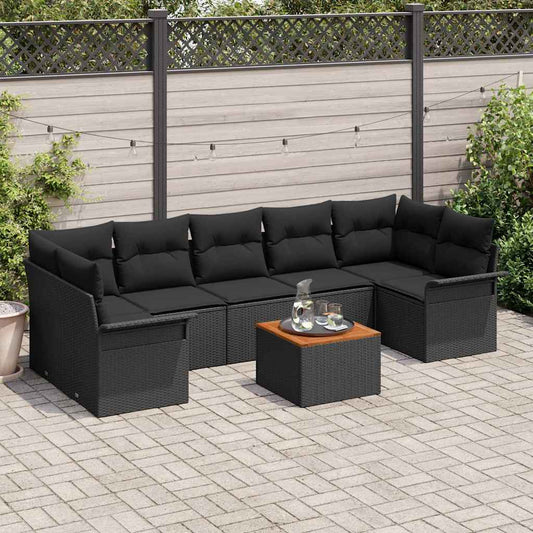 Kerti Kanapé Szett párnával 8 pcs Fekete polirattan