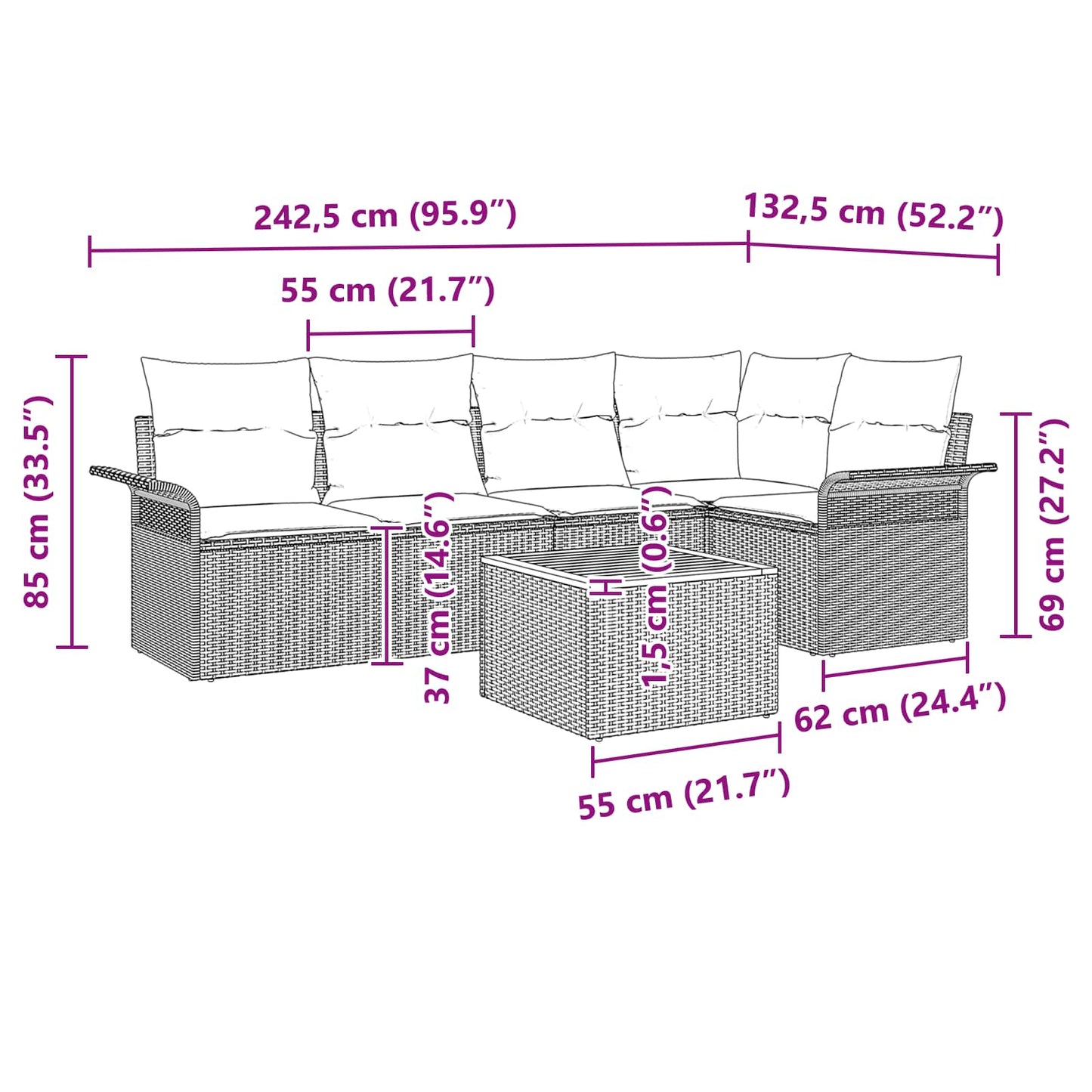 Kerti Kanapé Szett párnával 6 pcs Szürke polirattan