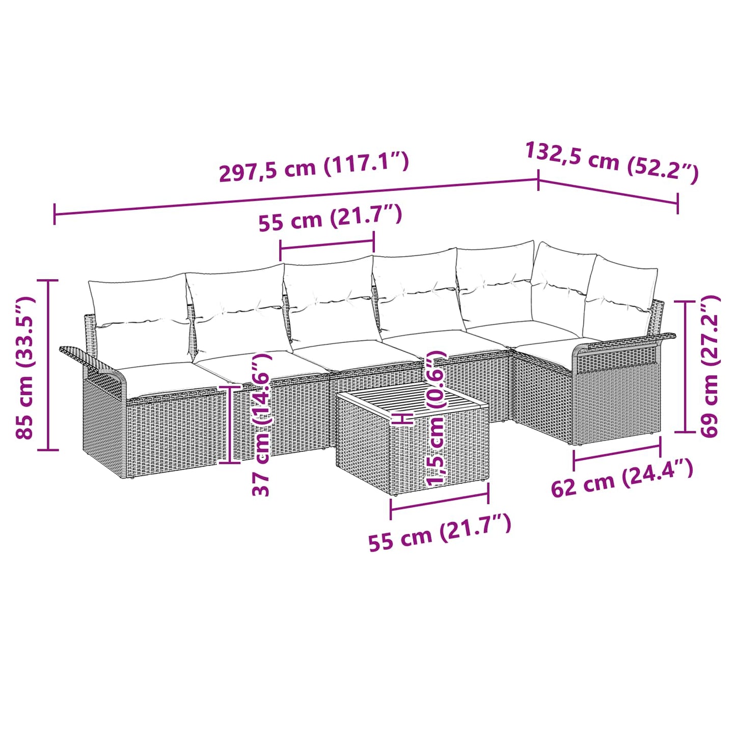Kerti Kanapé Szett párnával 7 pcs Szürke polirattan