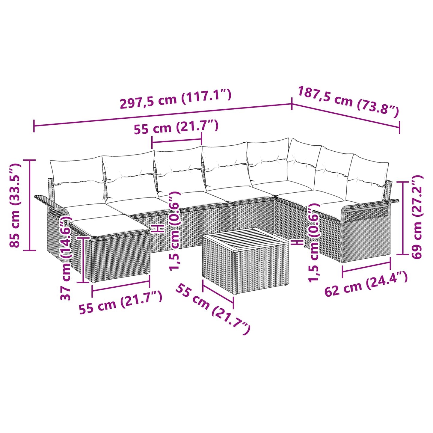 Kerti Kanapé Szett párnával 9 pcs Szürke polirattan