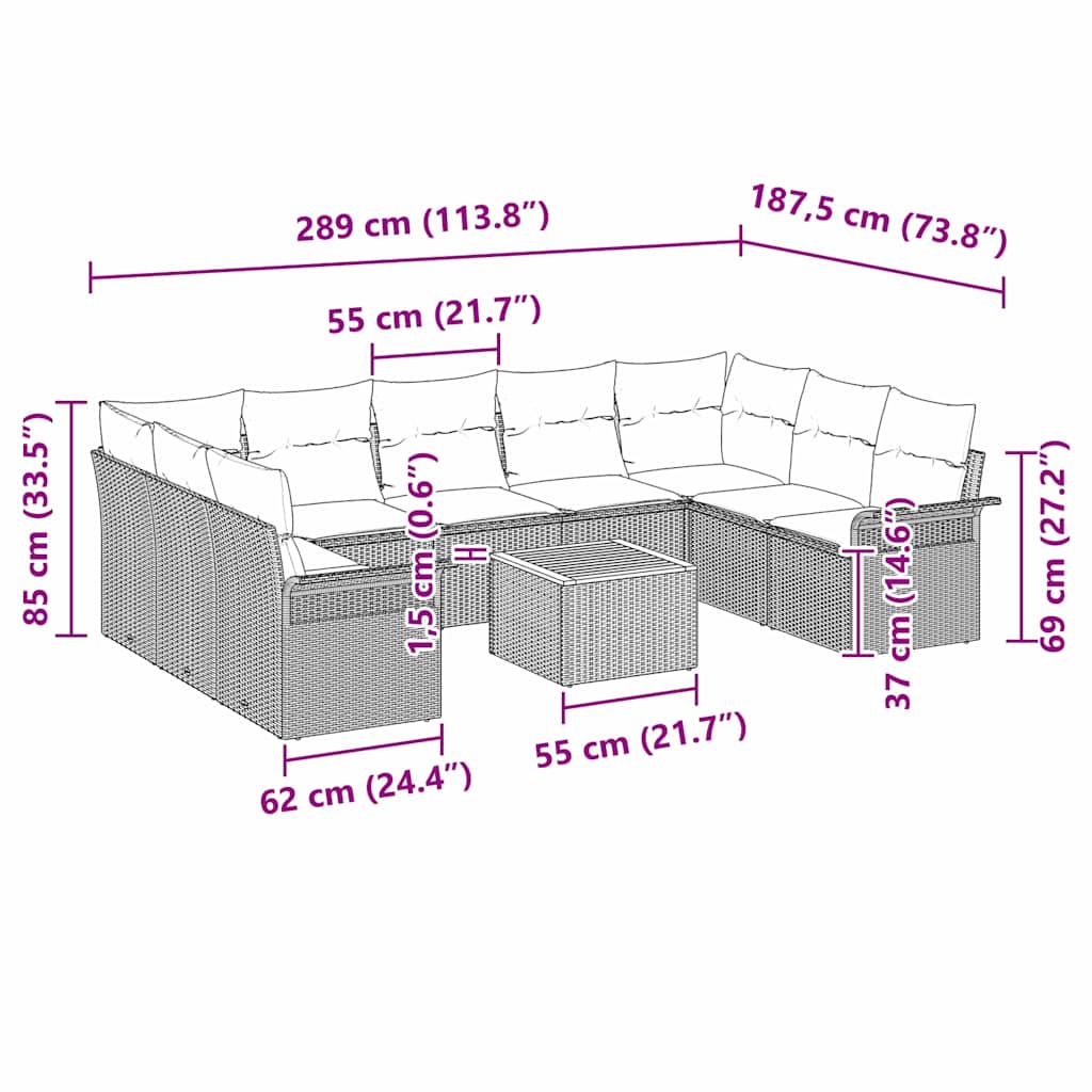 Kerti Kanapé Szett párnával 10 pcs Szürke polirattan