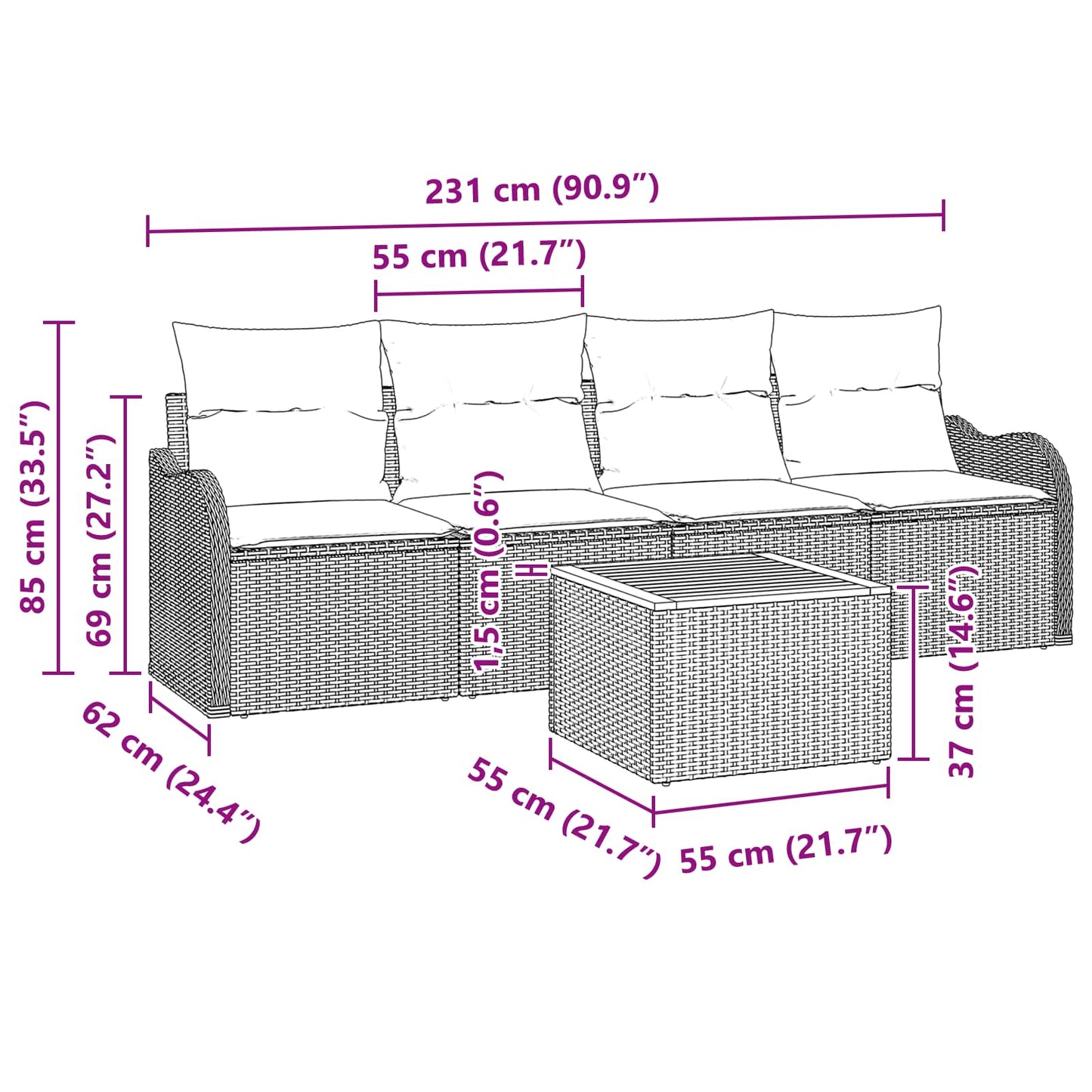 Kerti Kanapé Szett 5 db Szürke polirattan