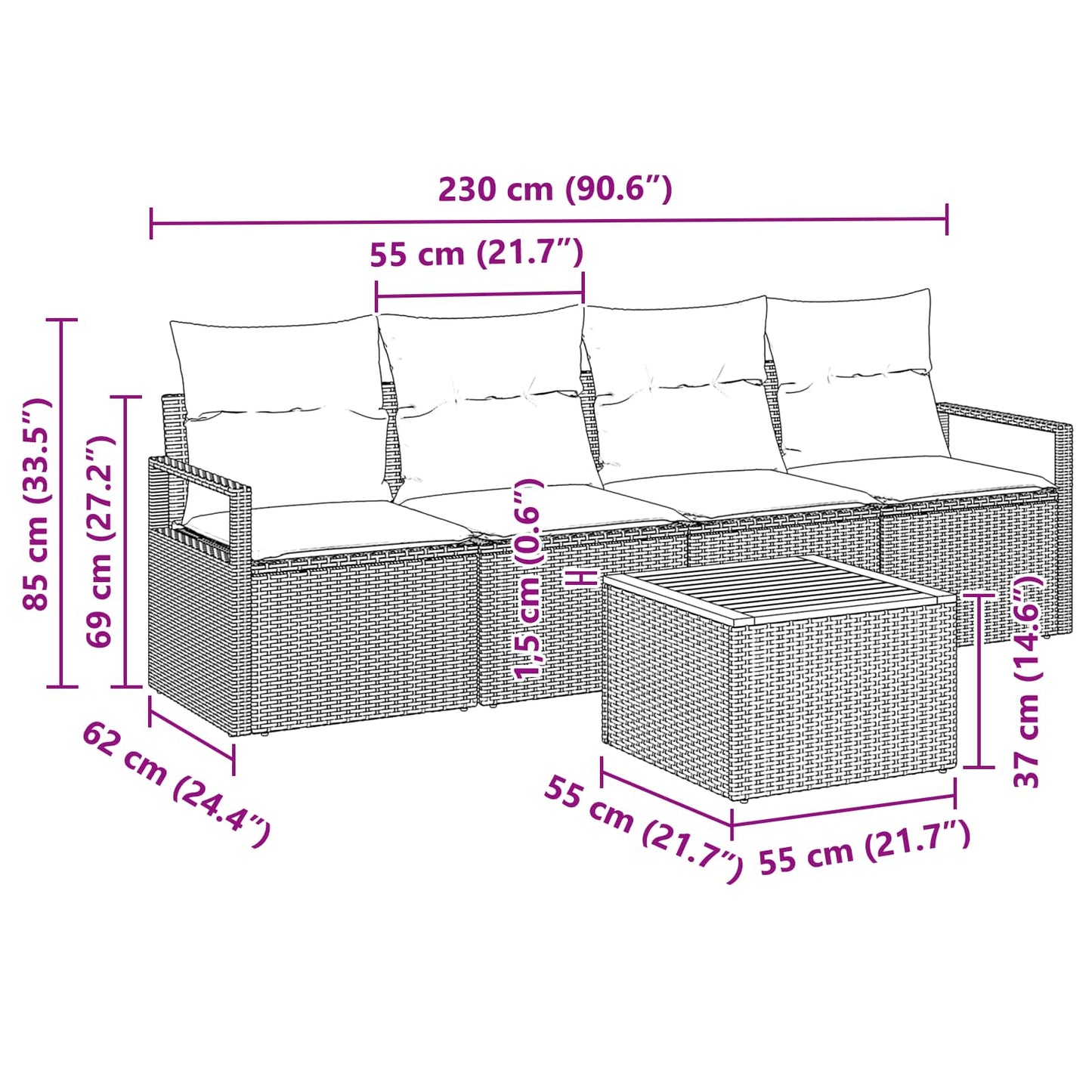 Kerti Kanapé Szett párnával 5 pcs Szürke polirattan