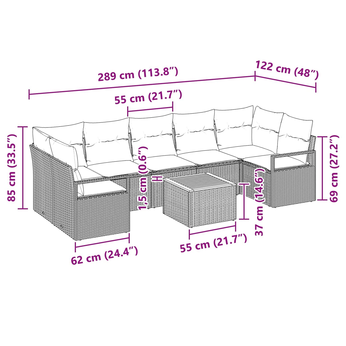 Kerti Kanapé Szett párnával 8 pcs Szürke polirattan