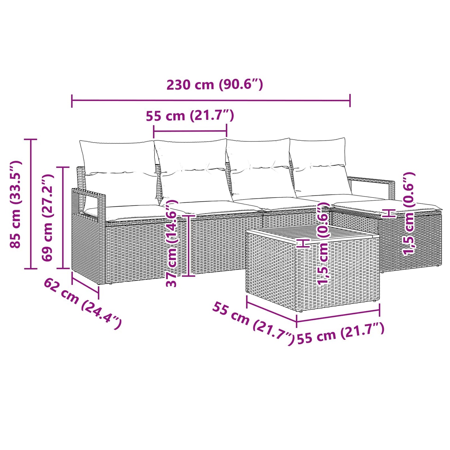 Kerti Kanapé Szett párnával 6 pcs Szürke polirattan