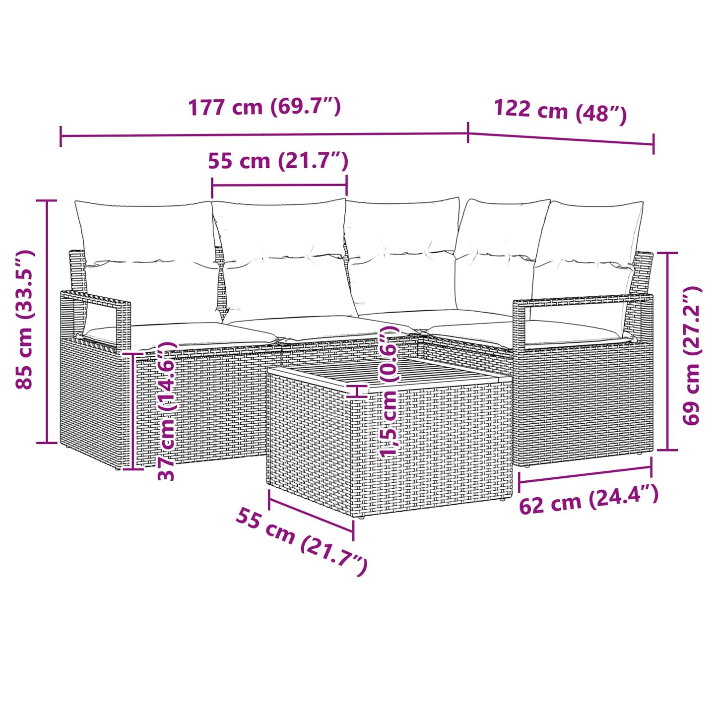 Kerti Kanapé Szett párnával 5 pcs Szürke polirattan