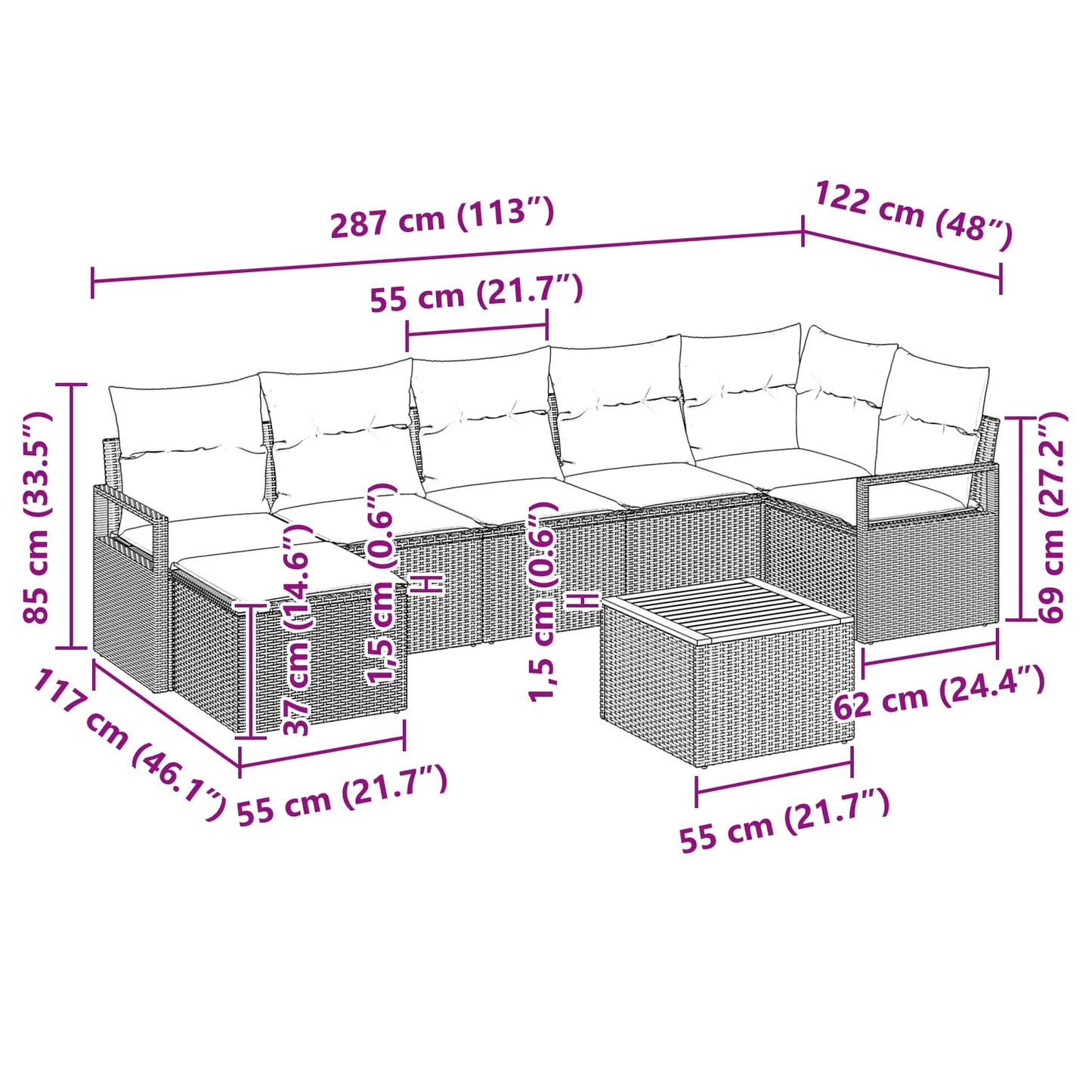 Kerti Kanapé Szett párnával 8 pcs Szürke polirattan
