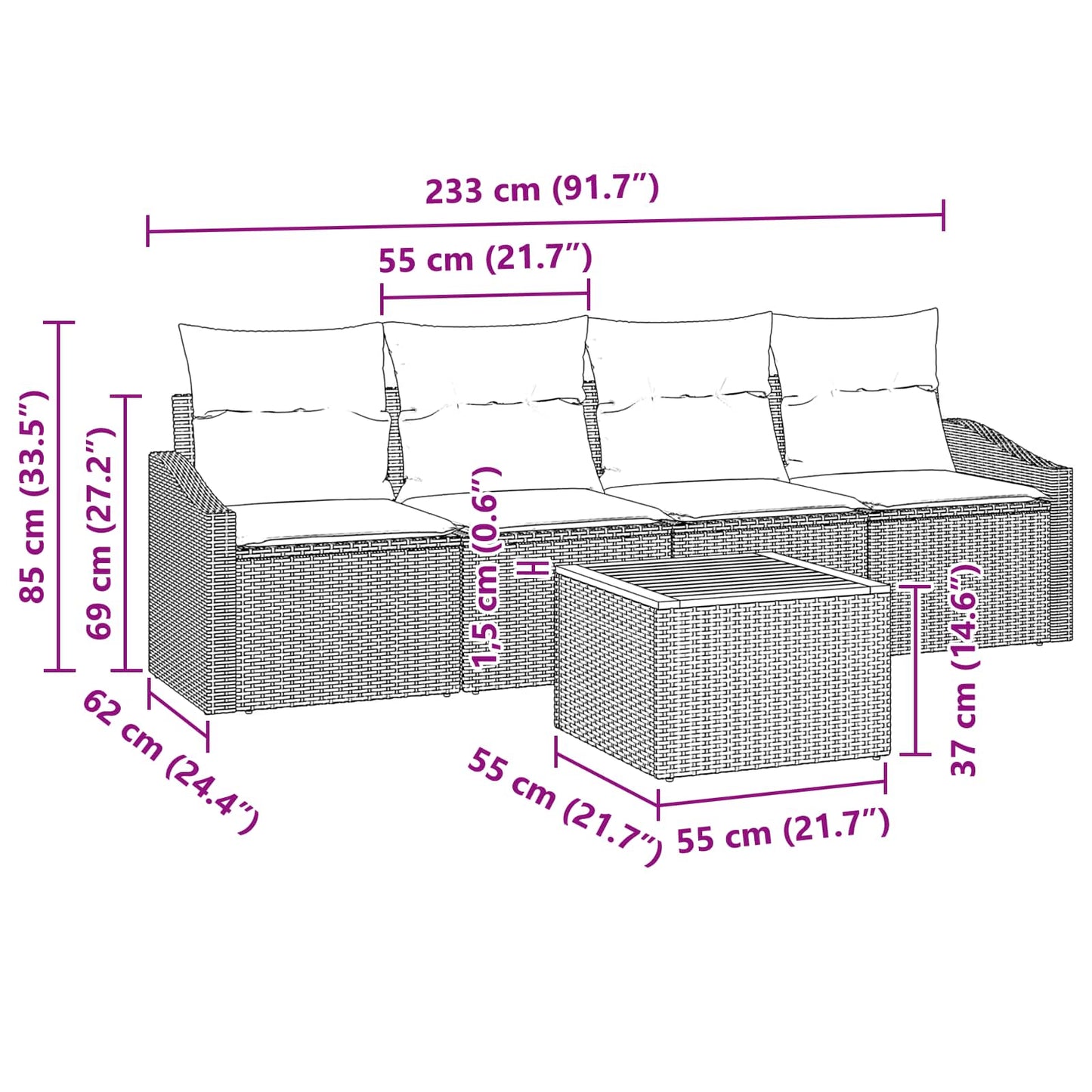 Kerti Kanapé Szett párnával 5 pcs Fekete polirattan
