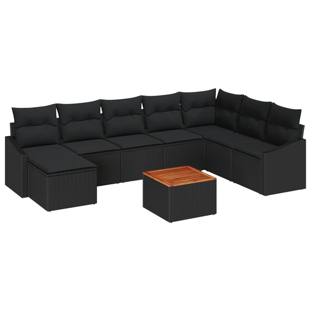 Kerti Kanapé Szett párnával 9 pcs Fekete polirattan