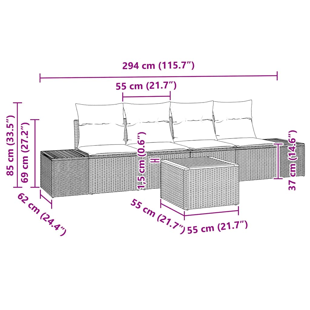 Kerti Kanapé Szett párnával 5 pcs Szürke polirattan