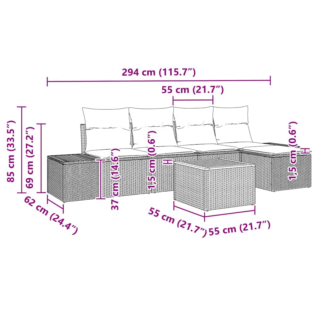 Kerti Kanapé Szett párnával 6 pcs Szürke polirattan
