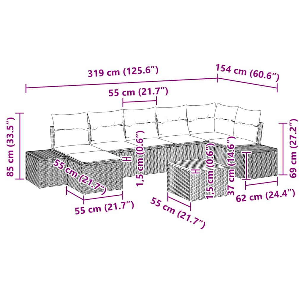 Kerti Kanapé Szett párnával 8 pcs Szürke polirattan