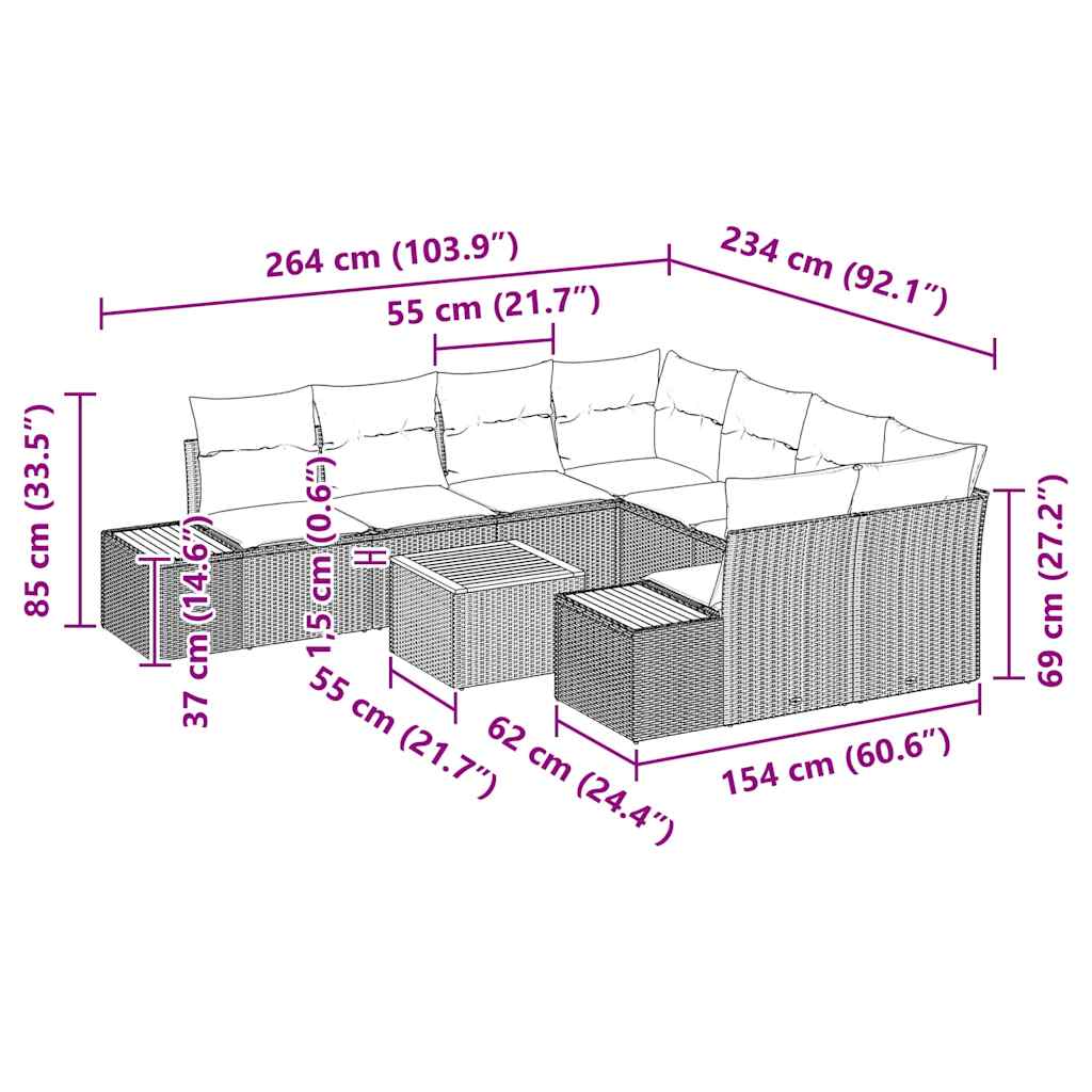 Kerti Kanapé Szett párnával 9 pcs Fekete Poli rattan