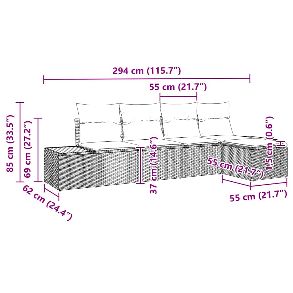 Kerti Kanapé Szett párnával 5 pcs Szürke Poli rattan