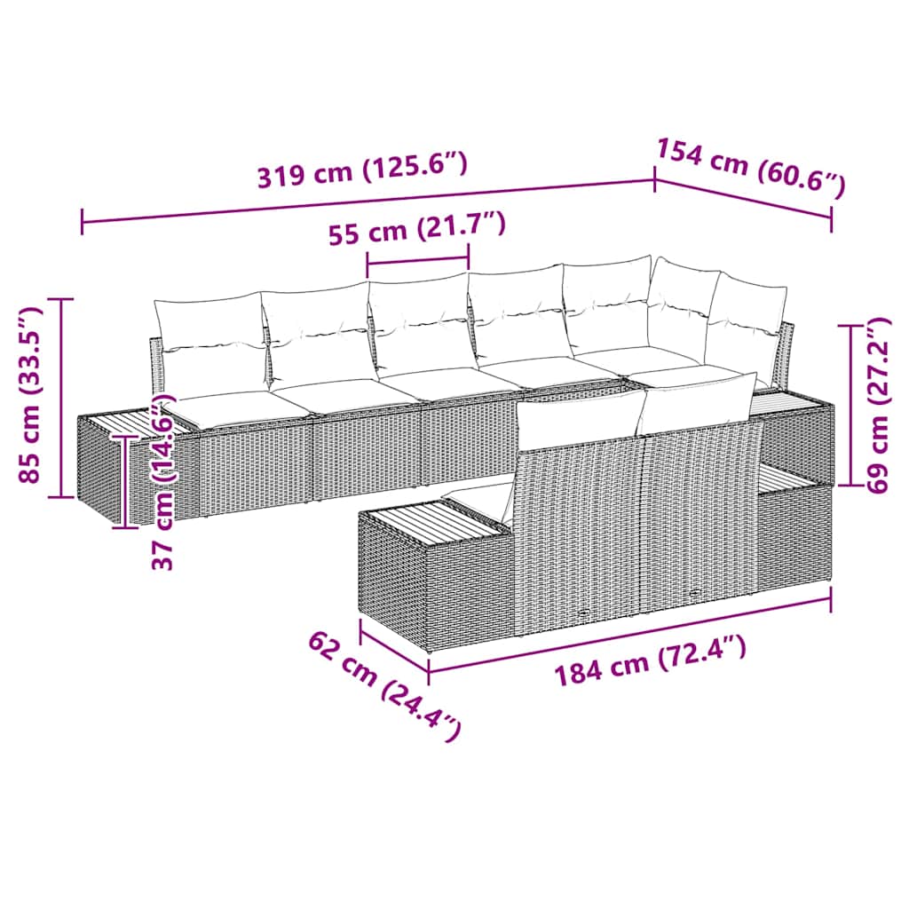 Kerti Kanapé Szett párnával 8 pcs Fekete Poli rattan