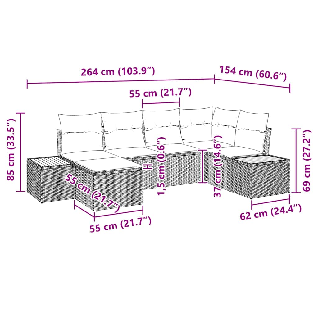 Kerti Kanapé Szett 6 db Fekete polirattan